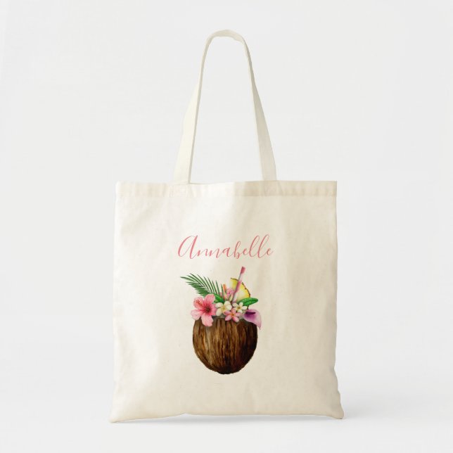 Tropical Hawaiian Floral & Coconut Tote Bag (Front)