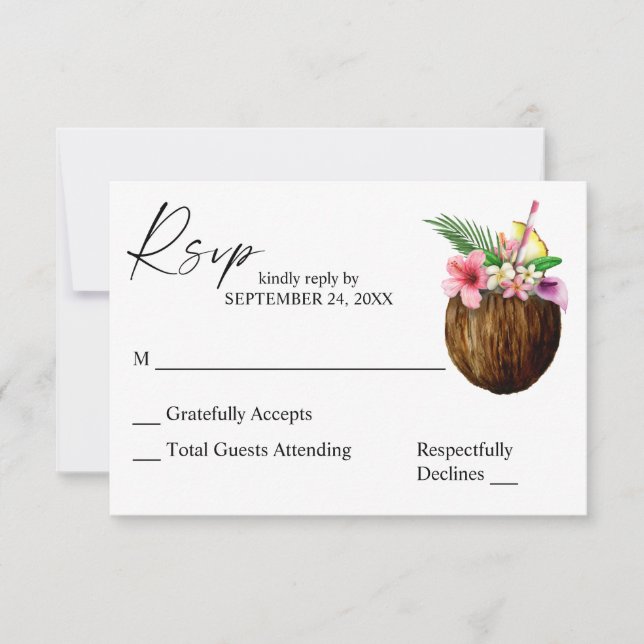 Tropical Hawaiian Floral Coconut Tree RSVP (Front)