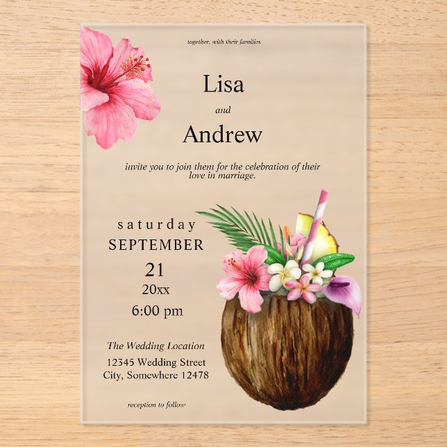 Tropical Hawaiian Floral & Coconut Wedding Acrylic Invitations (Front)