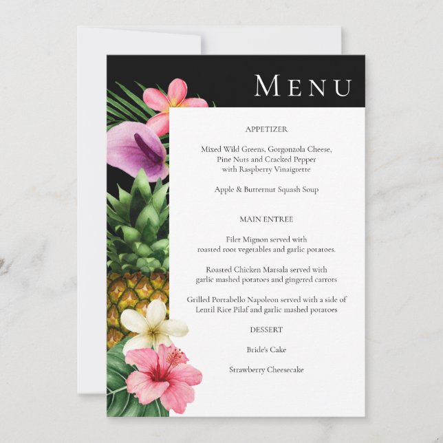 Tropical Hawaiian Floral Menu- Black Invitation (Front)