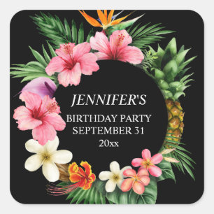 Tropical Hawaiian Floral Name- Black Square Sticker