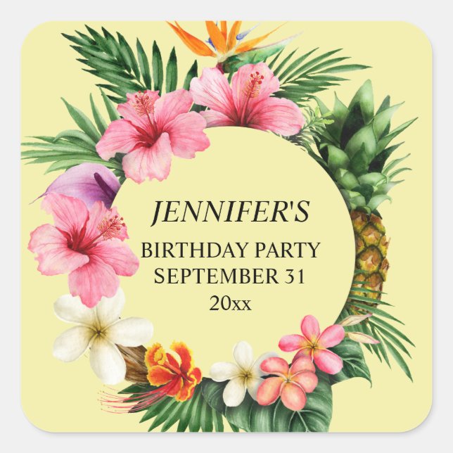 Tropical Hawaiian Floral Name - Yellow Square Sticker (Front)
