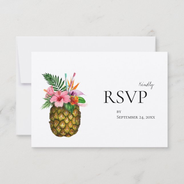 Tropical Hawaiian Floral & Pineapple w/ Meal Kraft RSVP Card (Front)