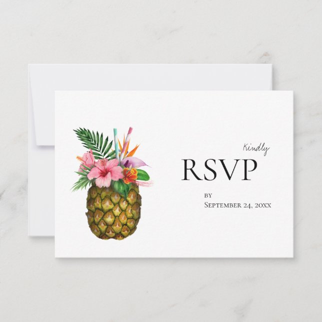 Tropical Hawaiian Floral & Pineapple with Meal RSVP Card (Front)