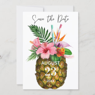 Tropical Hawaiian Floral & Pineapple Yellow Save The Date