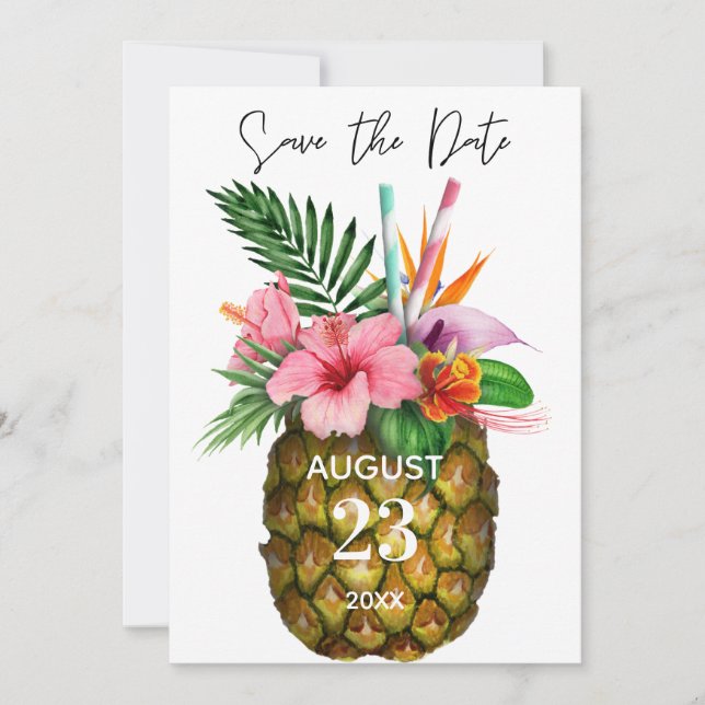 Tropical Hawaiian Floral & Pineapple Yellow Save The Date (Front)