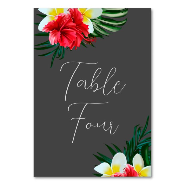 Tropical Hawaiian Flowers Elegant Wedding on Grey Table Number (Front)
