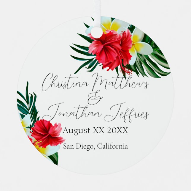 Tropical Hawaiian Flowers Elegant Wedding on White Metal Tree Decoration (Front)
