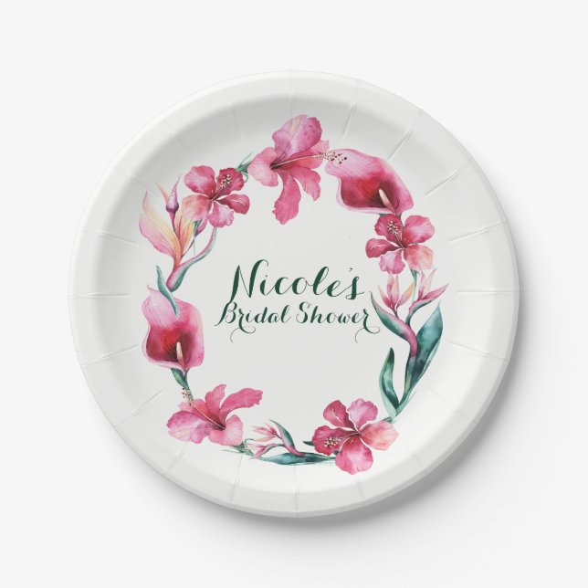 Tropical Hawaiian Flowers Elegant Wedding Party Paper Plate (Front)