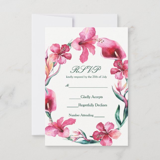 Tropical Hawaiian Flowers Elegant Wedding RSVP (Front)