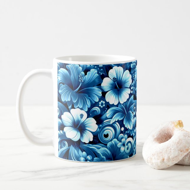Tropical Hawaiian Flowers Hibiscus Blue Pattern Coffee Mug (With Donut)