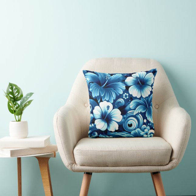Tropical Hawaiian Flowers Hibiscus Blue Pattern Cushion (Chair)