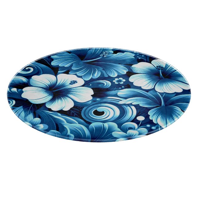 Tropical Hawaiian Flowers Hibiscus Blue Pattern Cutting Board (Corner)
