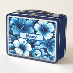 Tropical Hawaiian Flowers Hibiscus Blue Pattern Metal Lunch Box