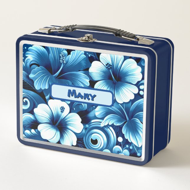 Tropical Hawaiian Flowers Hibiscus Blue Pattern Metal Lunch Box (Front)