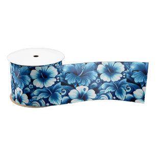 Tropical Hawaiian Flowers Hibiscus Blue Pattern Satin Ribbon