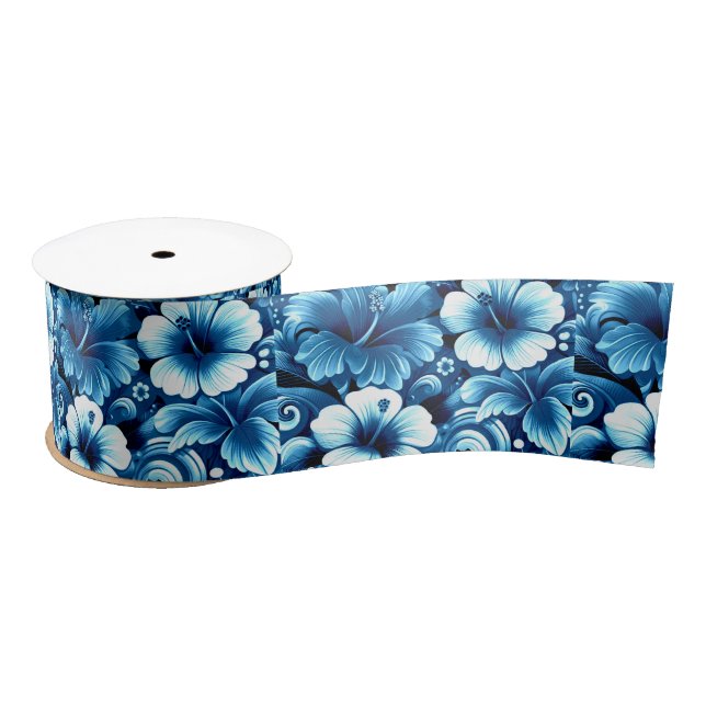 Tropical Hawaiian Flowers Hibiscus Blue Pattern Satin Ribbon (Spool)