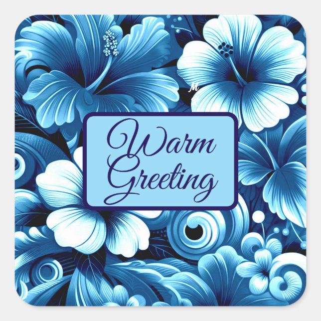 Tropical Hawaiian Flowers Hibiscus Blue Pattern Square Sticker (Front)