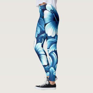 Tropical Hawaiian Flowers Hibiscus Blue White Leggings