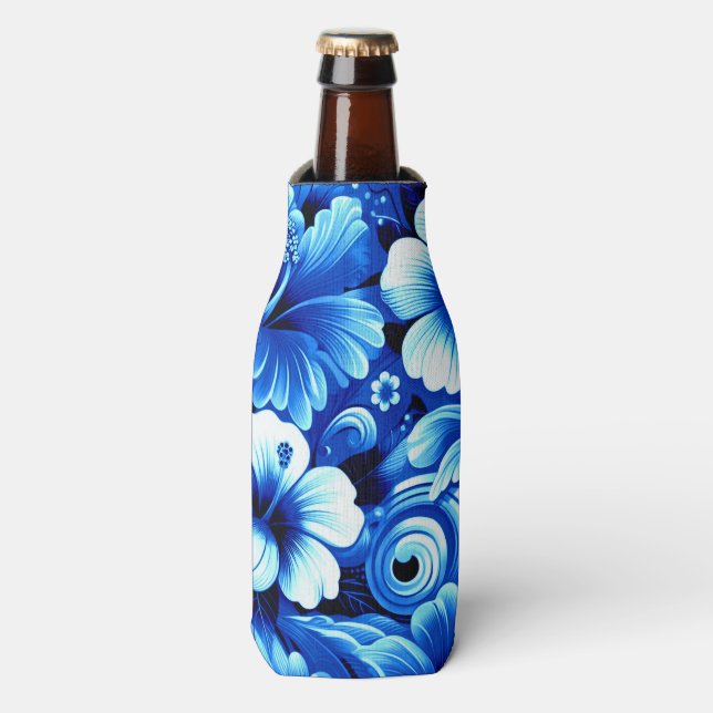 Tropical Hawaiian Flowers Hibiscus Cobalt Blue Bottle Cooler (Bottle Front)