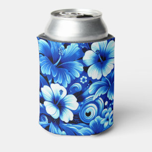 Tropical Hawaiian Flowers Hibiscus Cobalt Blue Can Cooler