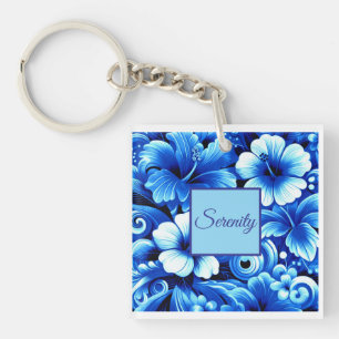 Tropical Hawaiian Flowers Hibiscus Cobalt Blue Key Ring