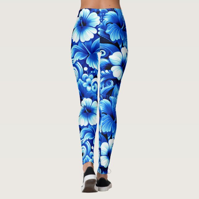 Tropical Hawaiian Flowers Hibiscus Cobalt Blue Leggings (Back)