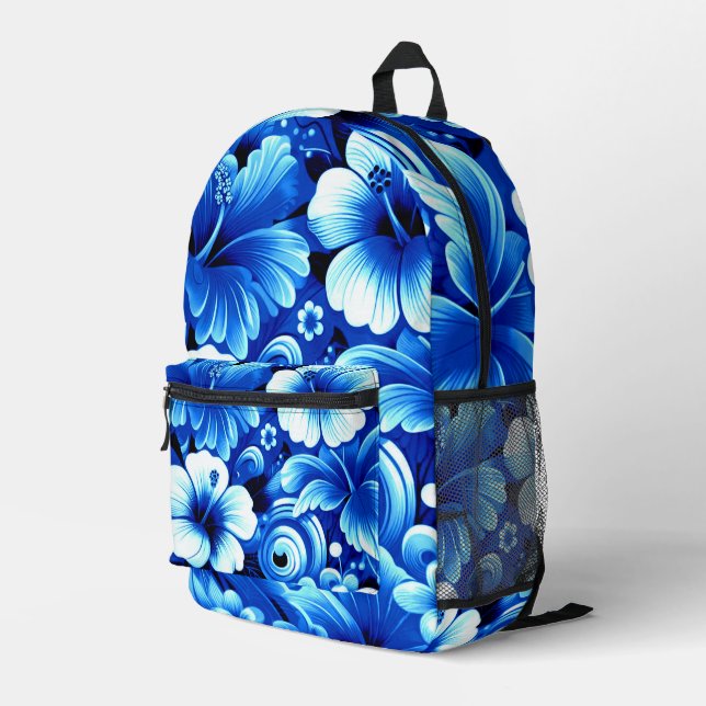 Tropical Hawaiian Flowers Hibiscus Cobalt Blue Printed Backpack (Back Corner Right)