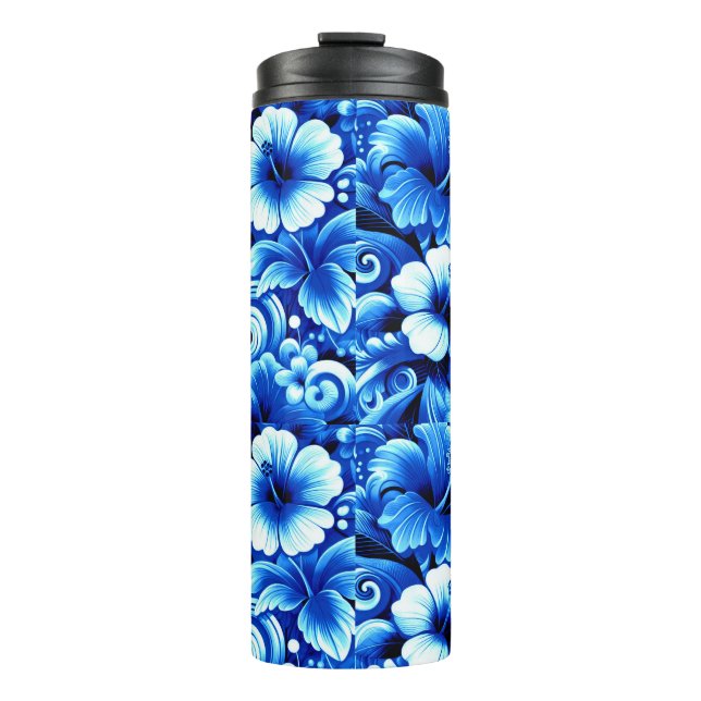 Tropical Hawaiian Flowers Hibiscus Cobalt Blue Thermal Tumbler (Front)