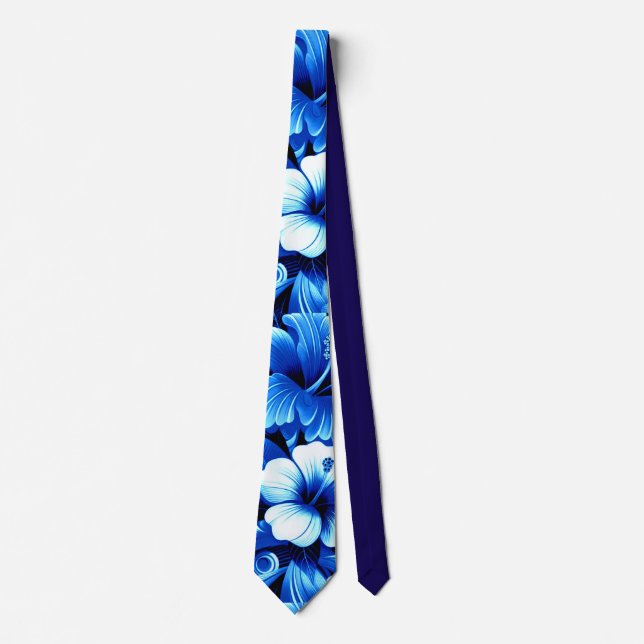 Tropical Hawaiian Flowers Hibiscus Cobalt Blue Tie (Front)