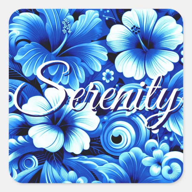 Tropical Hawaiian Flowers Hibiscus Cobalt Serenity Square Sticker (Front)