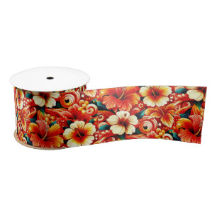 Tropical Hawaiian Flowers Hibiscus Orange Pattern Satin Ribbon