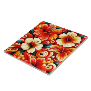 Tropical Hawaiian Flowers Hibiscus Orange Pattern Tile