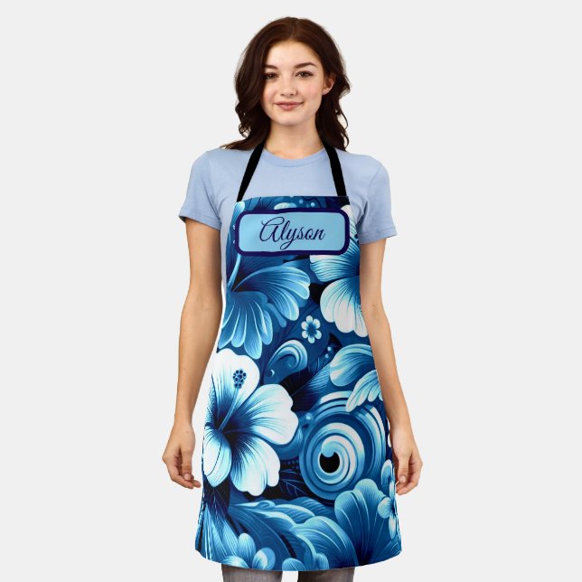 Tropical Hawaiian Flowers Hibiscus Personalised Apron (Worn)