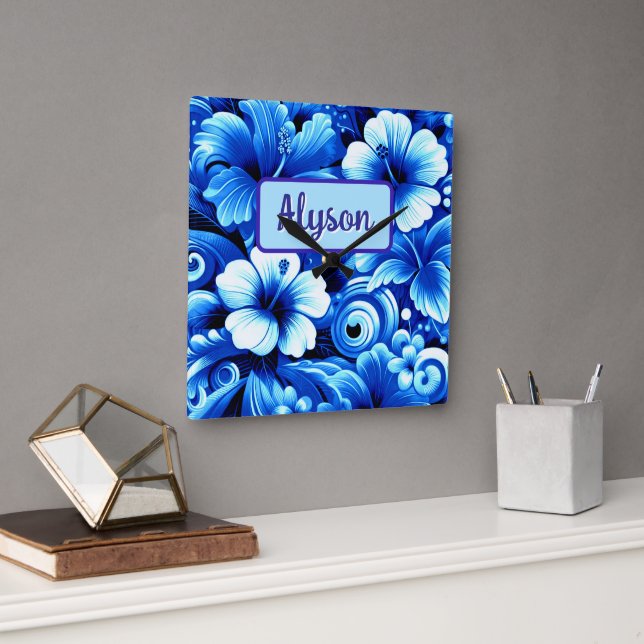 Tropical Hawaiian Flowers Hibiscus Personalised Square Wall Clock (Office)