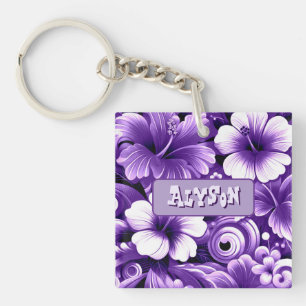 Tropical Hawaiian Flowers Hibiscus Personalized Key Ring