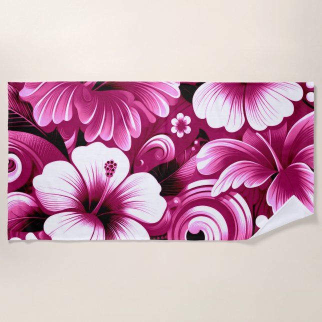Tropical Hawaiian Flowers Hibiscus Pink Pattern Beach Towel (Front)