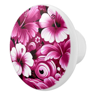 Tropical Hawaiian Flowers Hibiscus Pink Pattern Ceramic Knob