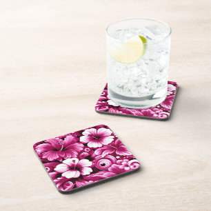 Tropical Hawaiian Flowers Hibiscus Pink Pattern Coaster