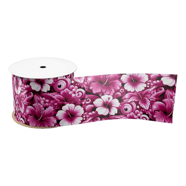 Tropical Hawaiian Flowers Hibiscus Pink Pattern Satin Ribbon (Spool)