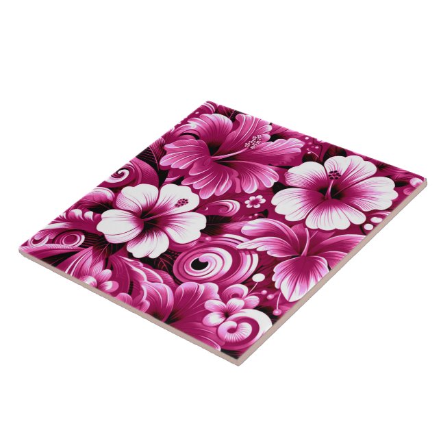 Tropical Hawaiian Flowers Hibiscus Pink Pattern Tile (Side)