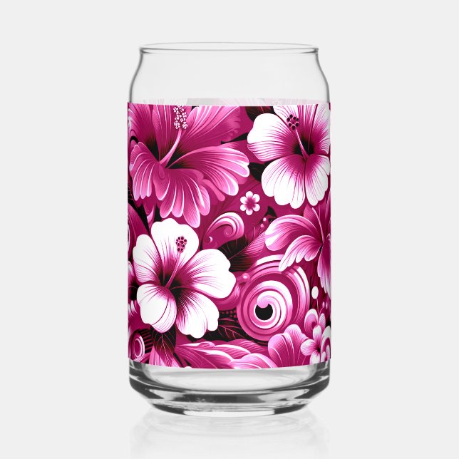 Tropical Hawaiian Flowers Hibiscus Pink White Can Glass (Front)