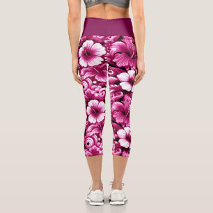 Tropical Hawaiian Flowers Hibiscus Pink White Capri Leggings