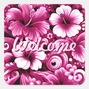 Tropical Hawaiian Flowers Hibiscus Pink White Square Sticker