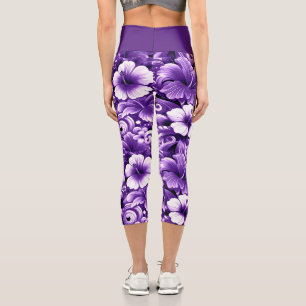 Tropical Hawaiian Flowers Hibiscus Purple Pattern Capri Leggings