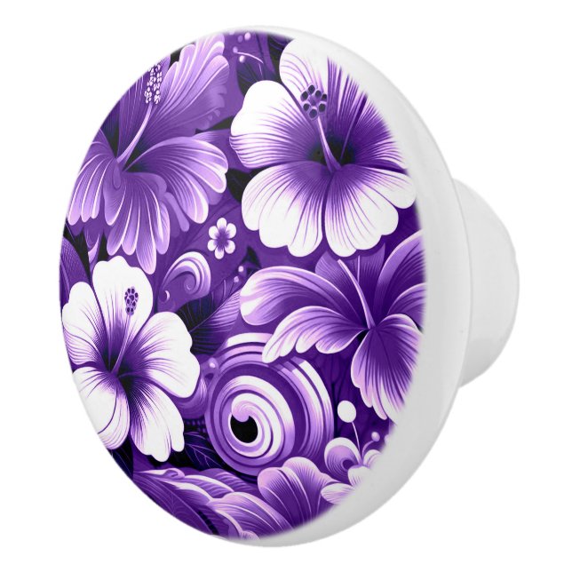 Tropical Hawaiian Flowers Hibiscus Purple Pattern Ceramic Knob (Right)