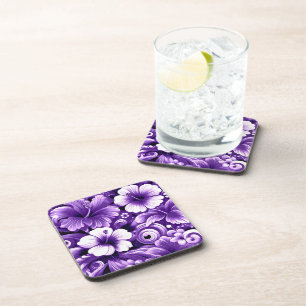 Tropical Hawaiian Flowers Hibiscus Purple Pattern Coaster