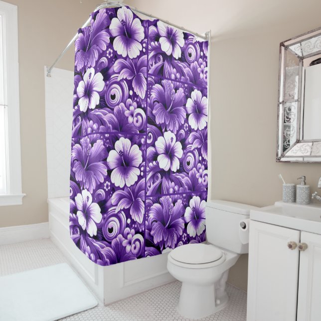 Tropical Hawaiian Flowers Hibiscus Purple Pattern Shower Curtain (In Situ)