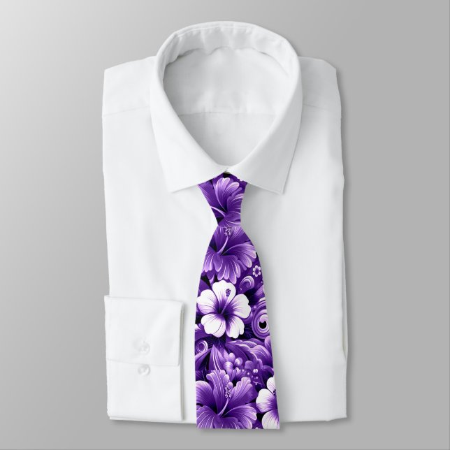Tropical Hawaiian Flowers Hibiscus Purple Pattern Tie (Tied)