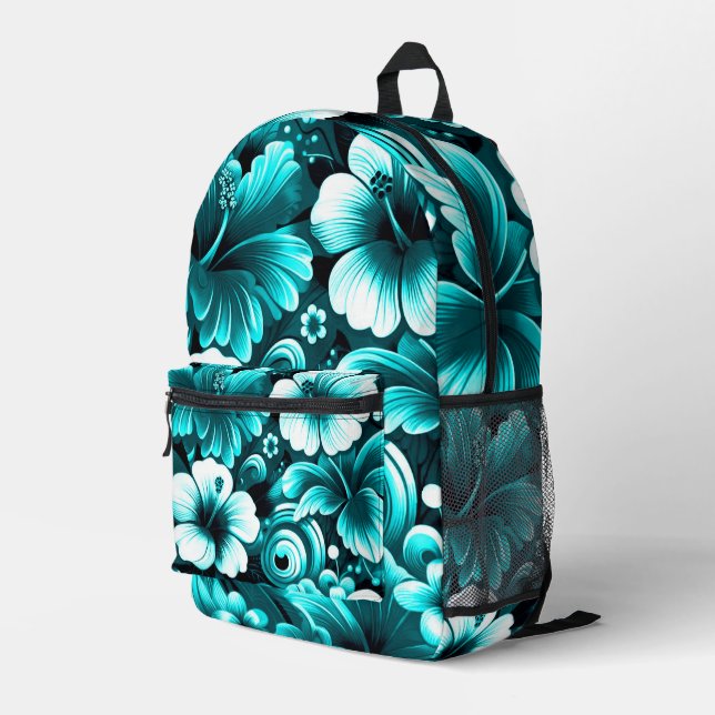 Tropical Hawaiian Flowers Hibiscus Teal Blue Green Printed Backpack (Back Corner Right)